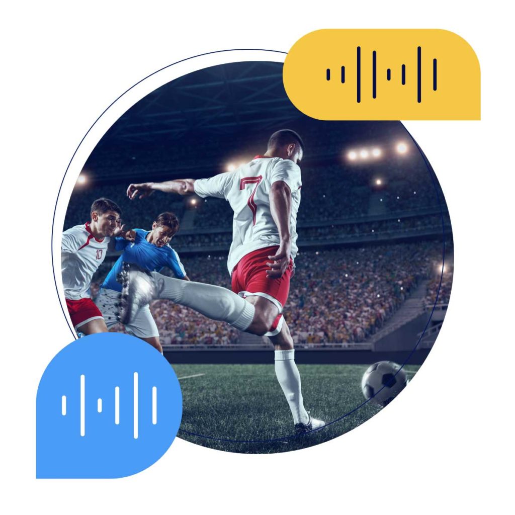 Ein Fußballspieler stellt sich auf, um einen Fußball zu treten. Zwei Sprechblasen mit abstraktem Text sind oben und unten auf dem Bild zu sehen.