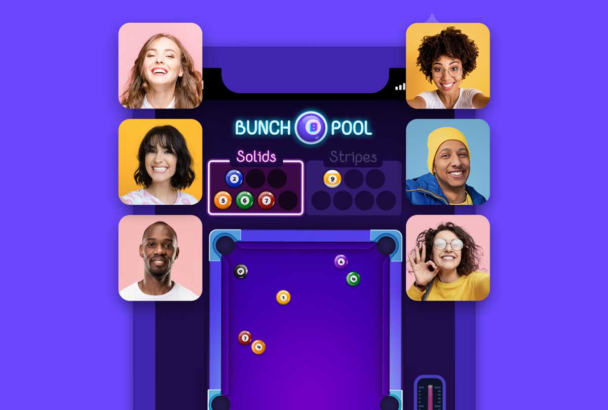 Illustration of six people playing a virtual game of pool.