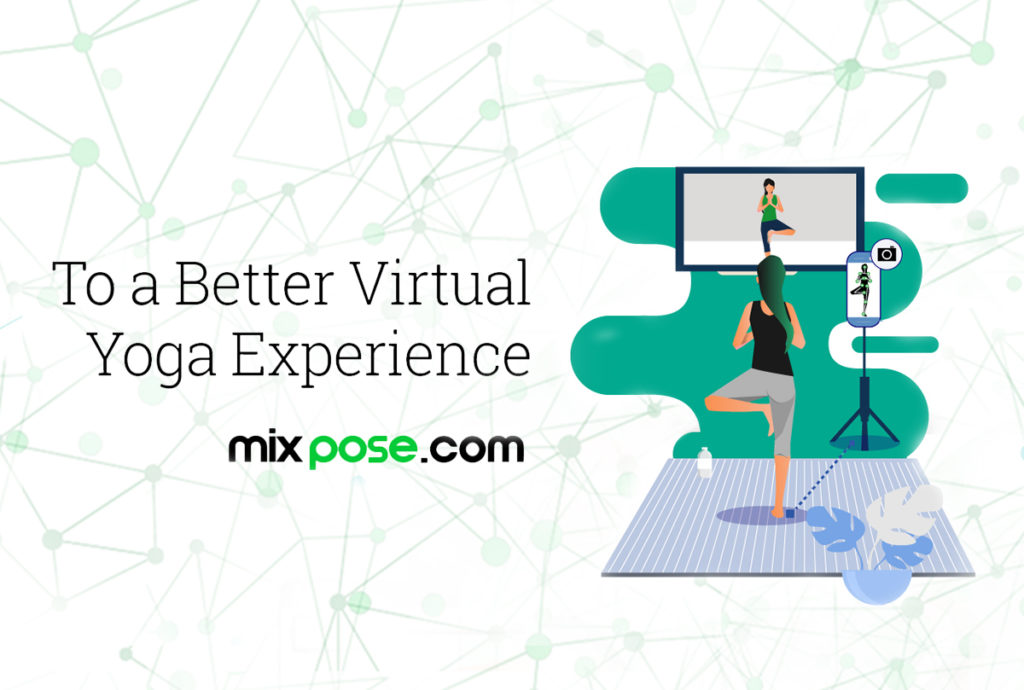 MixPose-Logo und Yoga-Illustration mit Text „To a Better Yoga Experience“