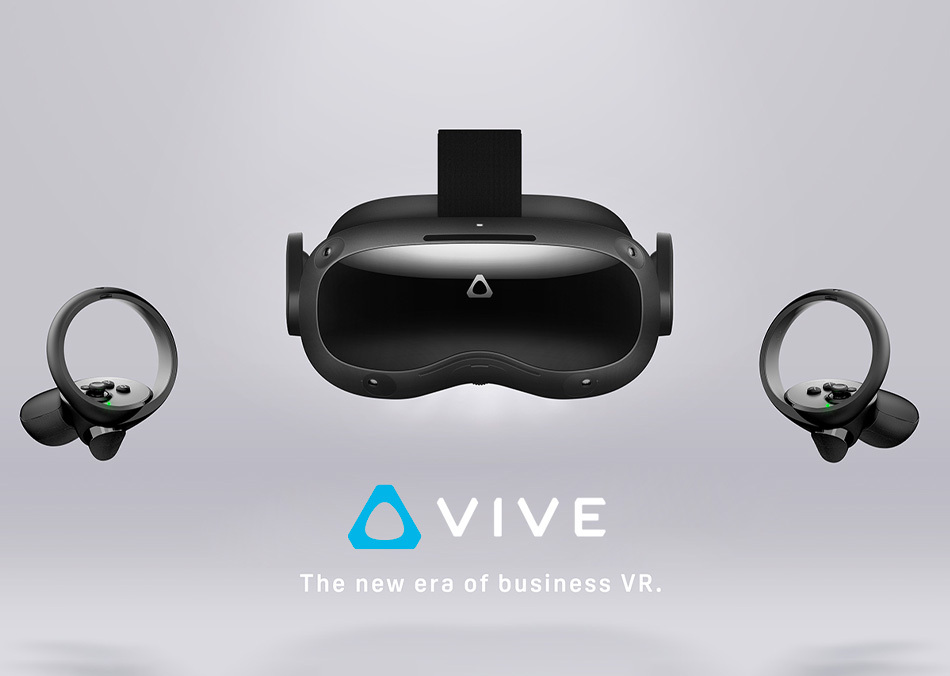 HTC VIVE headset hardware with VIVE logo above text “the new era of business VR"