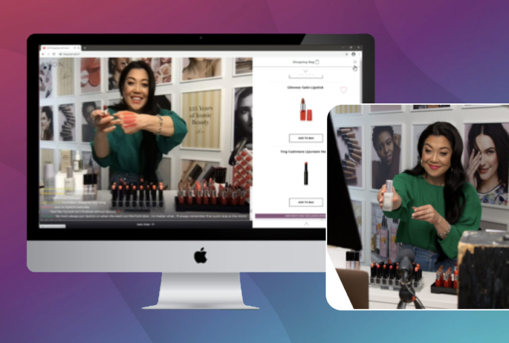Desktop-Computer mit einer Frau, die Kosmetika auf der Live-Shopping-Plattform von LiSA vorführt