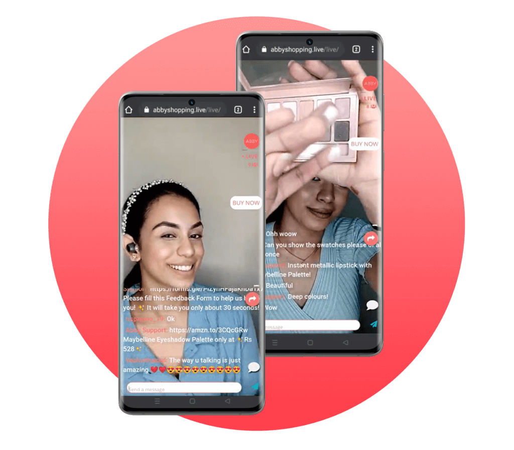 Two phones within red circle background displaying live shopping experience with product demonstration and chat.