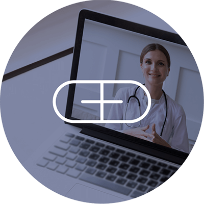 Telehealth icon shown above a laptop with a doctor on the screen