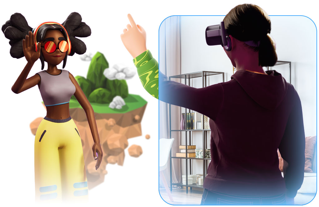 A woman interacting with her virtual character through a VR device