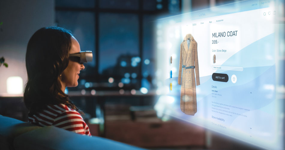 A woman using her VR device to shop online