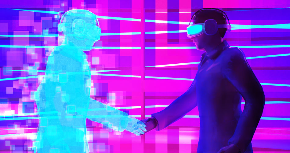 A man interacting with his holographic character in metaverse