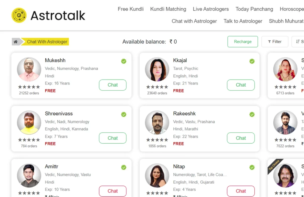 Screenshot showing Astrotalk portal page with fellow Astrologers that users can chat with