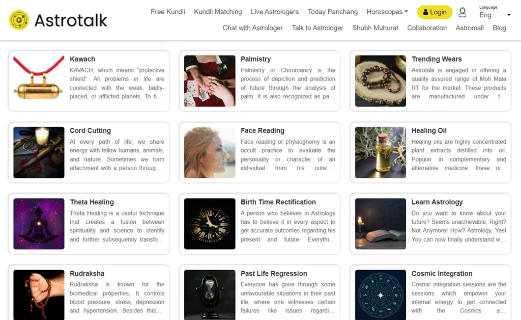 Screenshot showing various occult practices, ranging from Vedic astrology, Tarot reading, Numerology, and others.