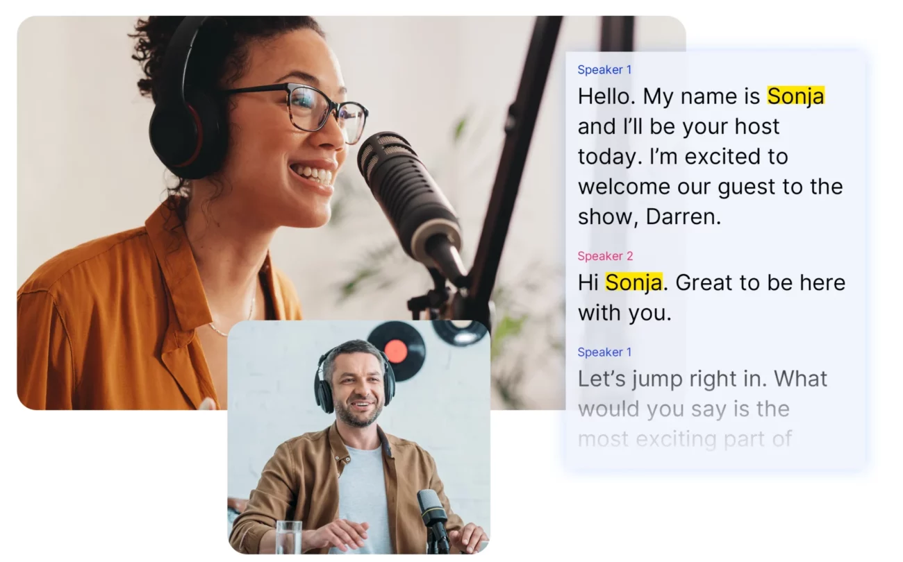 Screenshot of a woman and man talking with real-time transcription displaying what they are saying