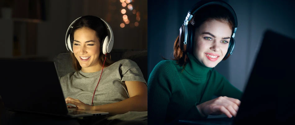 Two people in different locations are wearing headphones and looking at their laptops.