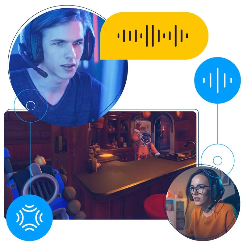 A man wearing a gamer’s headset using voice call through a gaming app with a woman also wearing a gamer’s headset