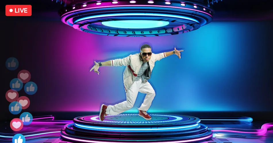 A man dancing in a virtual space in a live event