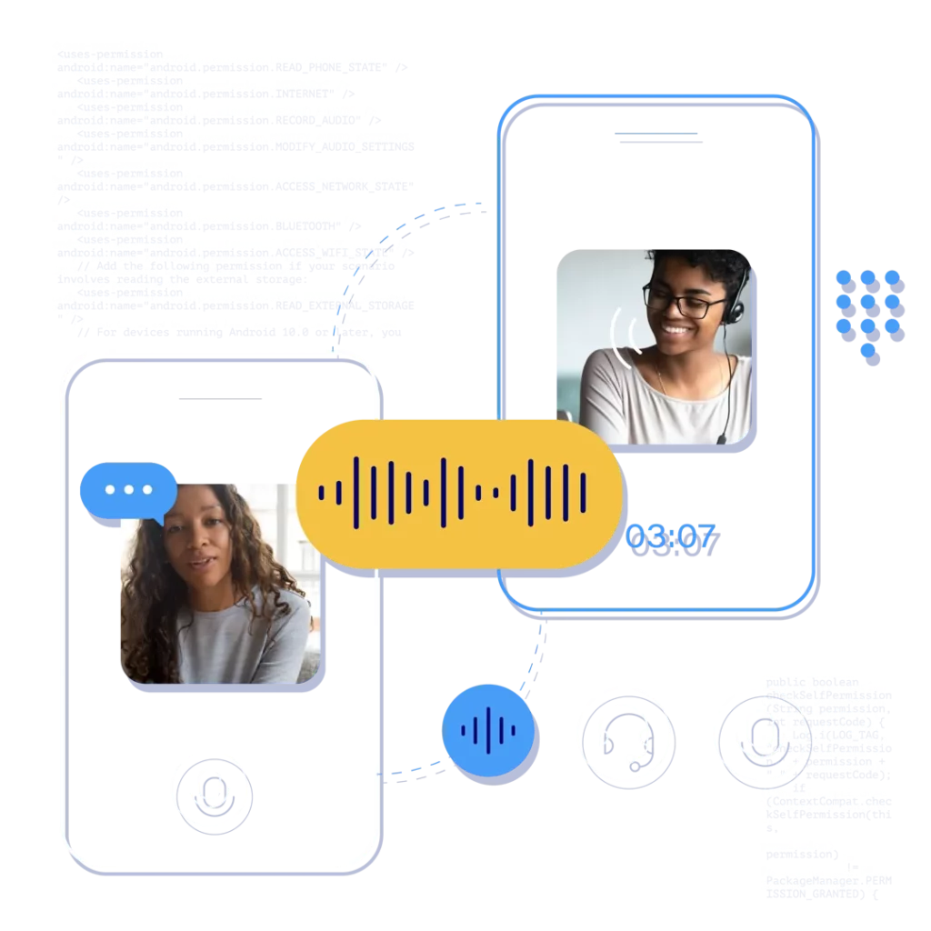 Two mobile devices, each showing a person talking with the other via a voice call mobile app
