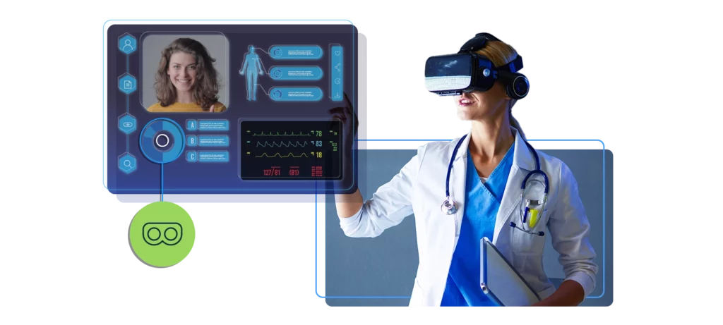 Screenshots showing doctor with virtual headset talking with a patient