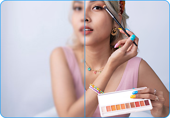 Picture of woman demonstrating putting on makeup with right half of image being more vibrant and colorful and the left half appearing more dull.
