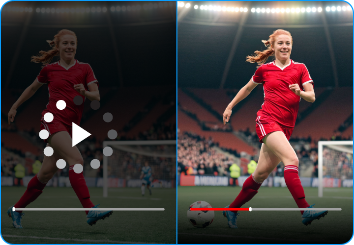 Picture showing woman playing soccer where left side of video is still buffering and right side video has loaded
