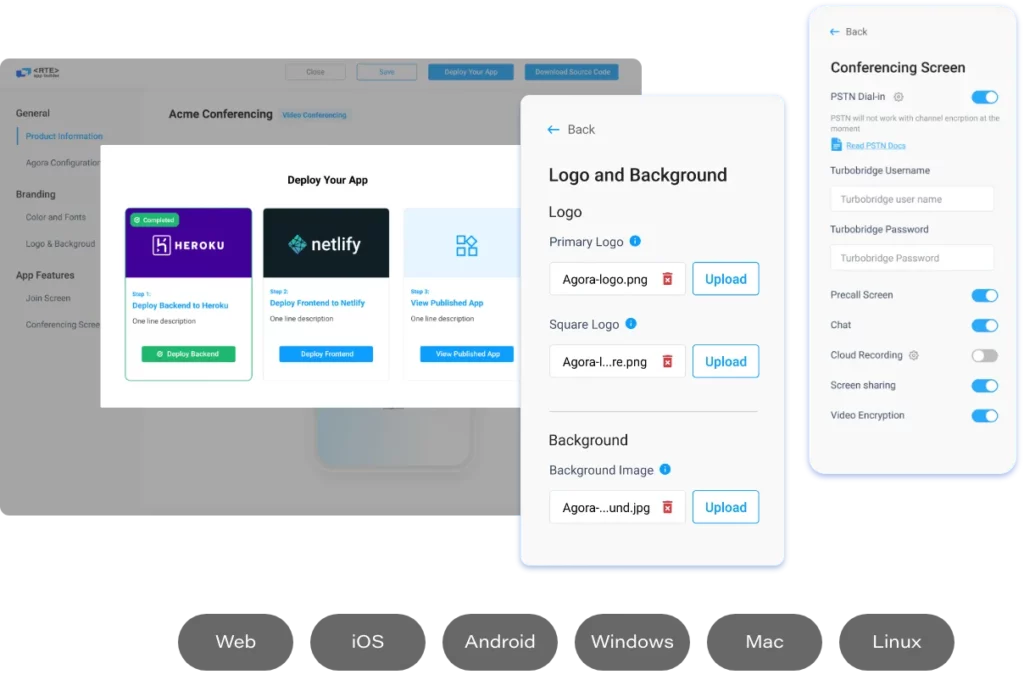 아고라(Agora) 앱 빌더를 이용하여 모두 코딩 지식이 없이 설계 구성 및 회의 도구 선택를 하는 스샷